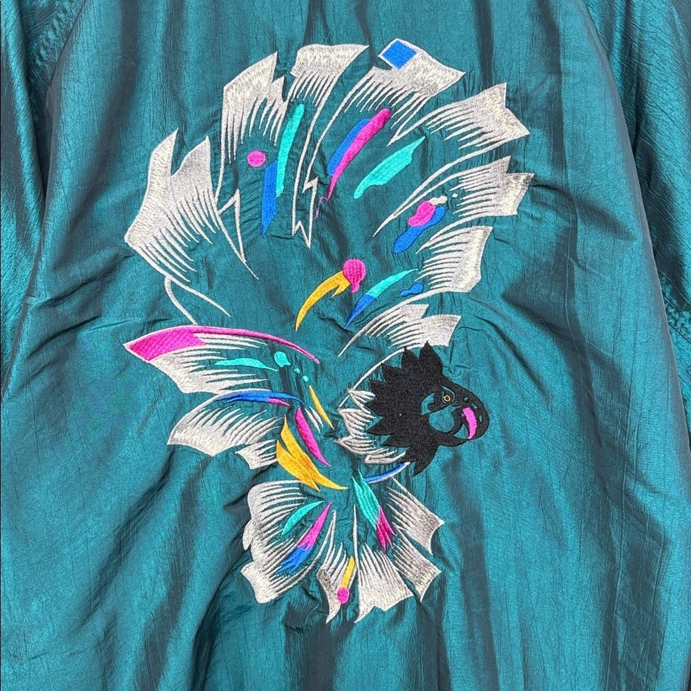 Vintage Tail Teal Shinny Embroidered Parrot Windbreaker Women Size L